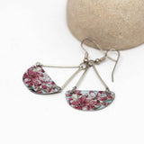 Pink Floral Recycled Metal Half Moon Dangle Earrings