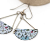 White Floral Recycled Metal Half Moon Dangle Earrings